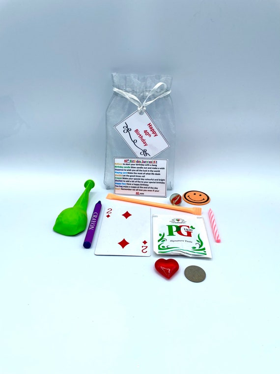40th FORTY YEARS Survival Kit Fun Novelty Gift Present Birthday Greeting Cards Unique Quirky Colour Organza Bag Candle Card Balloon Smiles