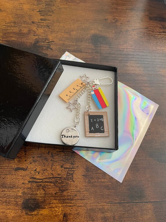 Thank you gift for teacher head master etc.. double key ring charm blackboard ruler pencils poem gift boxed end of term Christmas gift