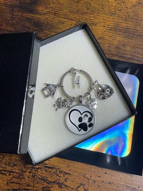 Personalised Initial Letter I Love My Dog Key Ring Or Bag Charm Set Hearts Paw House Bones Dog Lover Pet Any Occasion Gift Box Bag Present