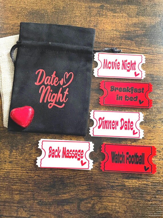 DATE NIGHT Gift Bag Mini Ticket Tokens Chocolate Valentine Birthday Fun Novelty Quirky Set Movie Night Back Massage Black Brown Jute