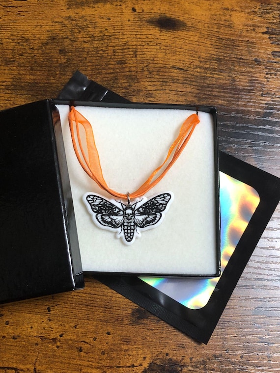 HALLOWEEN Moth Necklace Set Orange ribbon voile necklace 46cm 18” acrylic moth skeleton style charm gift box set fun quirky any occasion