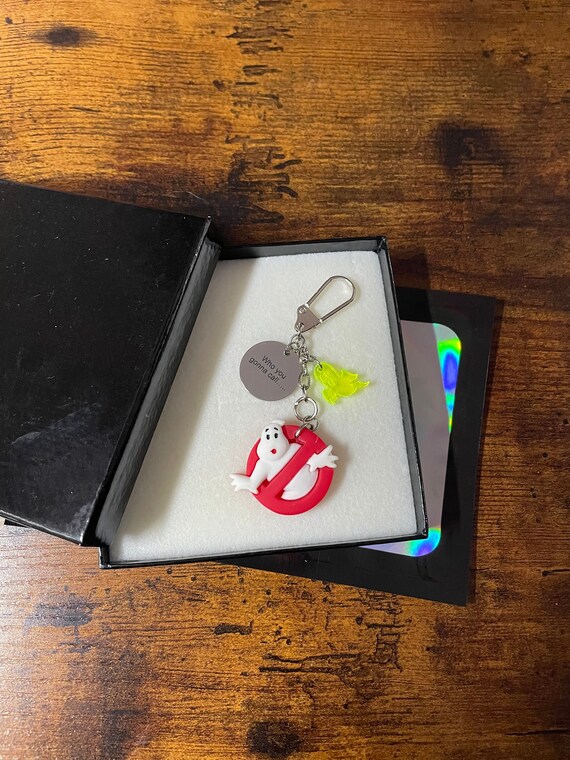 GHOST BUSTERS 80s Film Inspired Key Ring Or Bag Charm Green Ghost Who Gonna Call Novelty Keepsake Gift Box or Bag Emblem Engraved Pendant