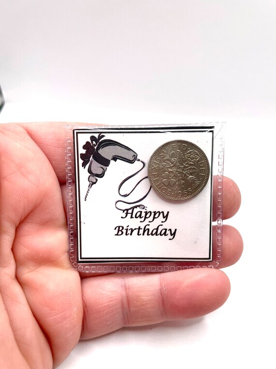 HAPPY BIRTHDAY Lucky Sixpence Coin Keepsake Gift Male Family Member Football Tools Cars Pictures Organza Bag Good Luck Fun Quirky Novelty