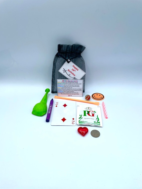 18th EIGHTEENTH Survival Kit Fun Novelty Gift Present Birthday Greeting Cards Unique Quirky Colour Organza Bag Candle Card Balloon Smiles