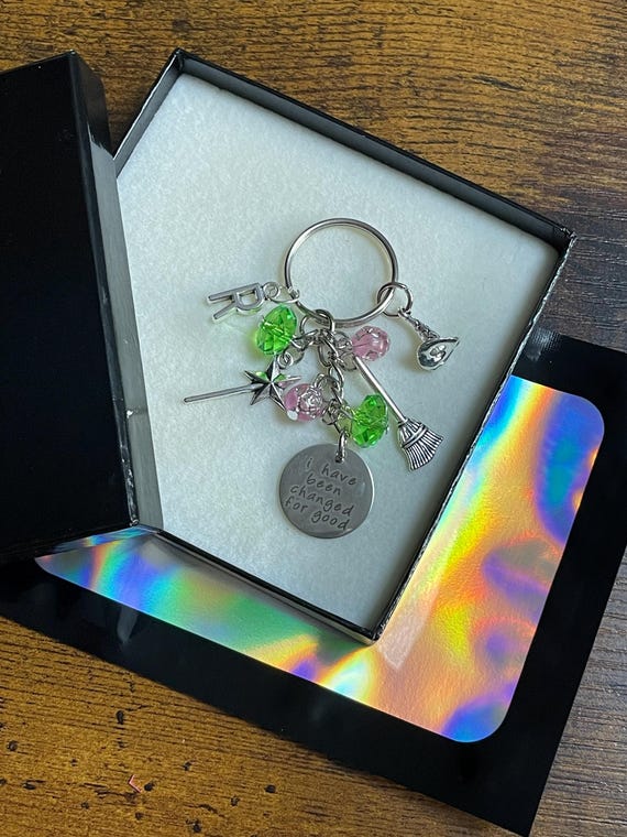 PERSONALISED Initial Letter WICKED Film Musical Inspired Key Bag Charm Set I Have Been Changed For Good Wand Broomstick Beads Witches Hat Oz
