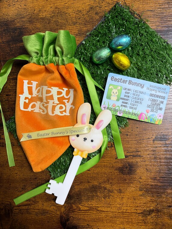 HAPPY EASTER Bunny Rabbit Special Key Hopping Licence Velvet Carrot Gift Bag Chocolate Eggs Printed Ribbon Bag Keepsake Fun Gift Set Quirky
