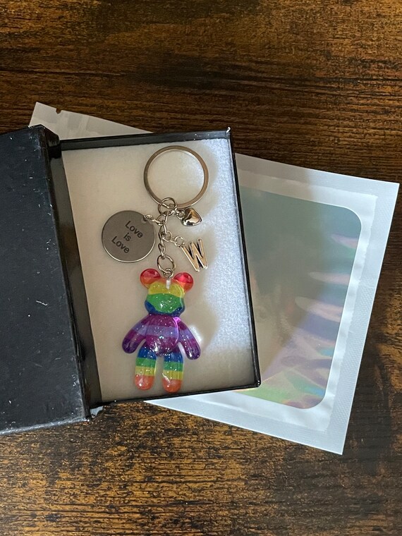 Personalised Initial Letter LARGE BEAR Rainbow Colour Love Is Love Heart Charm Key Chain Bag Pendant Keepsake LGBTQ Pride Gift Box Or Bag
