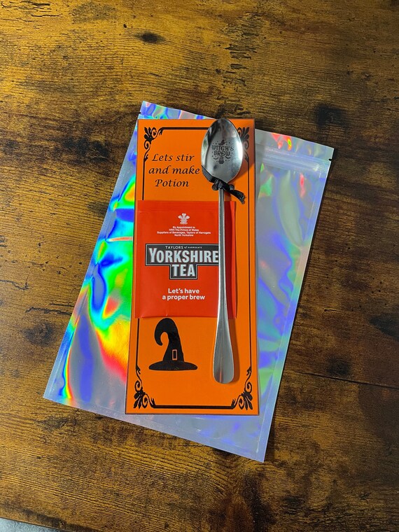 WITCHES BREW Engraved Spoon Gift Set Tea Bag Carded Shimmer Gift Bag Halloween Fun Novelty Quirky Let’s Stir And Make Potion Tea Lover