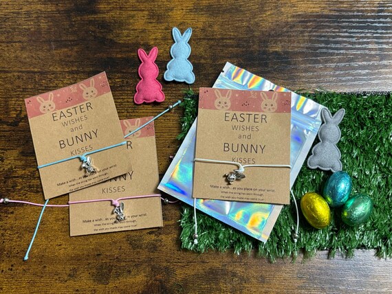 Easter Wishes And Bunny Kisses Wish Bracelet Any Colour Cord Carded Set Party Favour Keepsake Fun Novelty Quirky Metal Bunny Charm Gift Bag