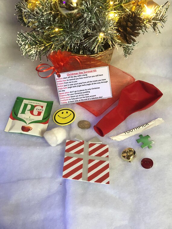 Christmas Day Novelty Survival Kit Fun Help Get Through The Day Bag Secret Santa Stocking Filler Present Cotton Wool Smiley Face Teabag