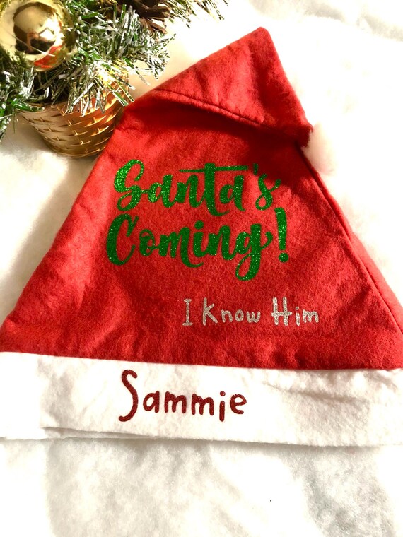 PERSONALISED Santa Father Christmas Party Eve Hat Set Glitter Vinyl Print Two Choices Elf On Duty Or Santa’s Coming With Any Name Added