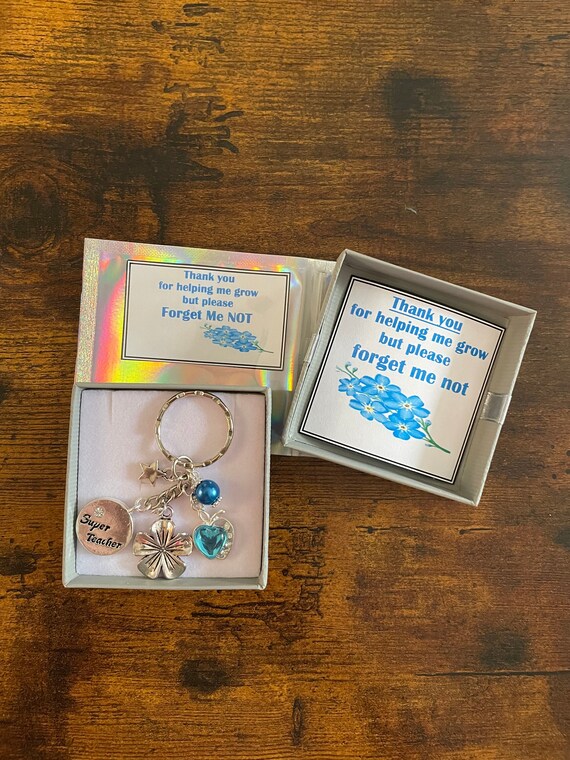 TEACHER Nursery Best Thank You Super Forget Me Not Flower BLUE Key Bag Ring Charm Poem Pendant Rhinestone Apple Star Beads Shimmer Bag