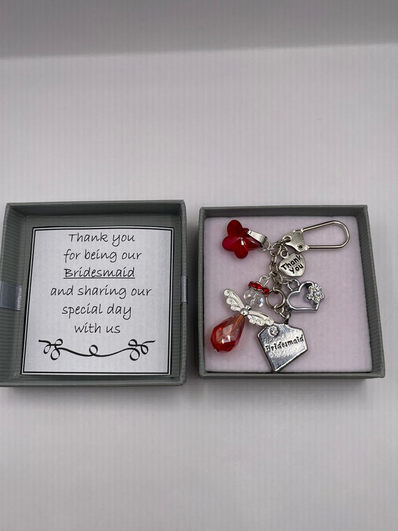 BRIDESMAID THANK YOU Key Ring Or Bag Charm Gift Crystal Rhinestone Angel Fairy Butterfly Heart Diamond Shape Keepsake Wedding Gift Box Bag