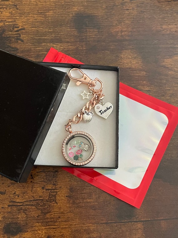 Teacher thank you keepsake gift rose gold colour keychain key ring memory locket keepsake gift owl dragonfly apples crystal charms