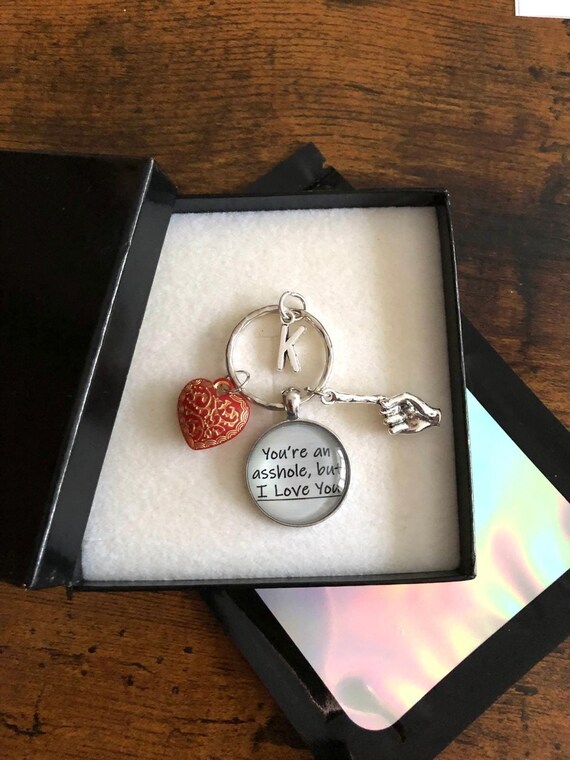 Personalised Initial Letter You’re An Asshole But I Love You Key Ring Bag Charm Hearts Pointy Finger Gift Box Or Bag Valentine Birthday Fun