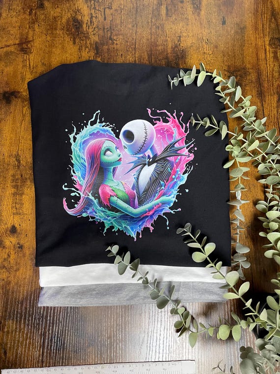 Night Before Christmas Printed T Shirt Jack Sally Film Inspired WOMANS Sizes Heart Shaped Vinyl Colourful Halloween Spooky Quirky Fun Top