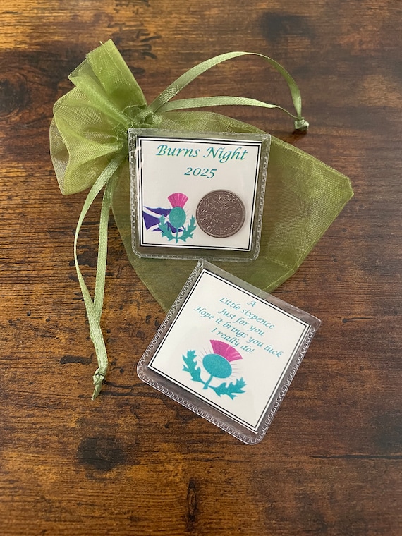 Burns Night 2025 Lucky Sixpence Coin Keepsake Wallet Purse Pocket Gift Poem Scottish Thistle And Flag Picture Organza Bag Novelty Fun