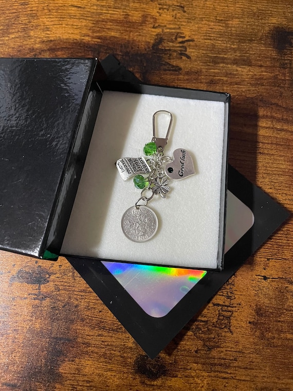 Good luck on the lottery keepsake key ring or bag charm sixpence coin ticket charm clover beads good luck heart gift box any occasion fun