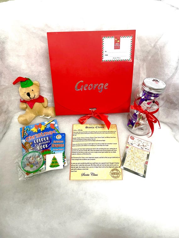 Personalised Large Christmas Eve Gift Box Letter From Santa Snowman Jar Soup Elf Bear Activity Pack Hot Chocolate Stickers Crayons Book Set