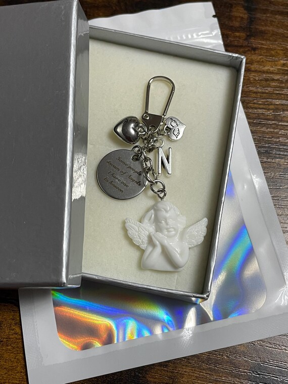 Personalised Initial Angel Cherub Key Or Bag Charm Set Some People Dream Of angels I have One In Heaven Angel Wings Memory Gift Box Or Bag