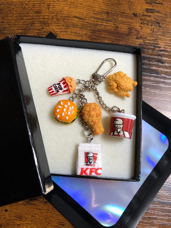 Fried Chicken Lover KFC Inspired American Fast Food Key Bag Charm Set Popcorn Leg Box Burger Fun Novelty Quirky Unique Keepsake Gift Resin