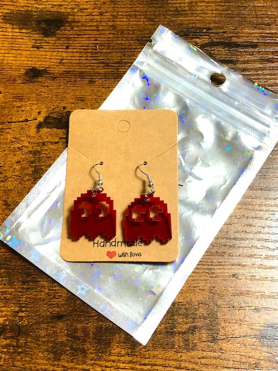 PAC-MAN Retro Arcade Game Earrings Ghost Fun Novelty Gift Acrylic Stainless Steel Card Gift Bag 80s 90s Icon Secret Santa Party Favours