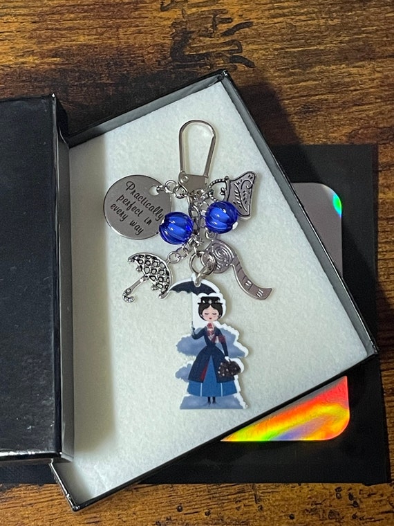 Disney Inspired MARY POPPINS Practically Perfect In Every Way Key Ring Or Bag Charm Keepsake Gift Set Bag Umbrella Measuring Tape Blue Box