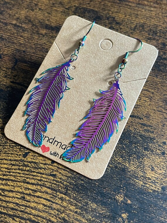 RAINBOW Style Stainless Steal LARGE Feathers Pair Of Earrings Fun Novelty Gift Boxed Bag Dangle Drop Colour Present Birthday Secret Santa