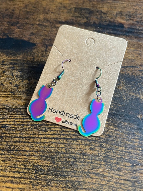 RAINBOW Style Stainless Steal CAT SILHOUETTE  Pair of Earrings Fun Novelty Animal Lover Gift Box Bag Dangle Drop Colour Present Birthday Etc