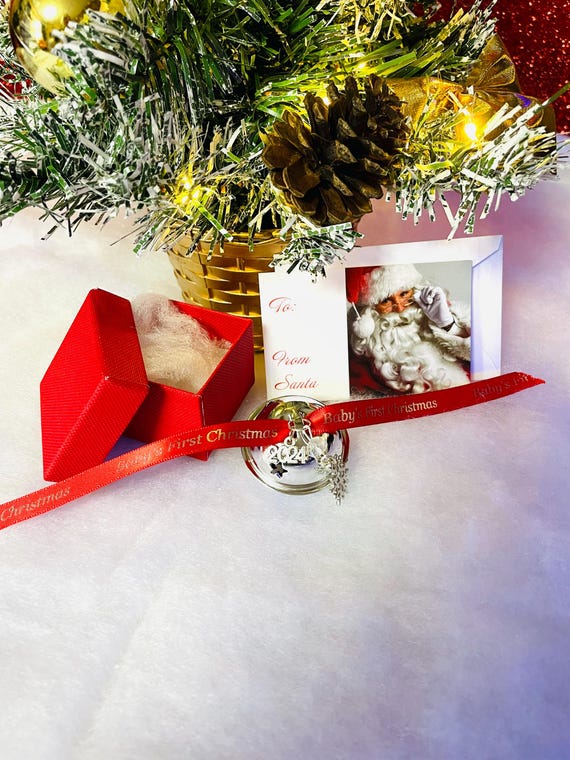 Baby’s First Christmas 2024 Silver SNOWFLAKE Jingle Sleigh Bell Tree Decoration Printed Ribbon RED Gift Box Card Organza Bag Keepsake Gift