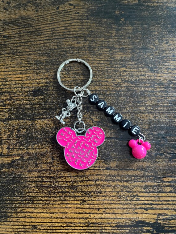 PERSONALISED Name Beads Disney Mickey Mouse Inspired Key Ring Or Bag Charm Set Emblem Fun Novelty Birthday Christmas Keepsake Pink Red Black
