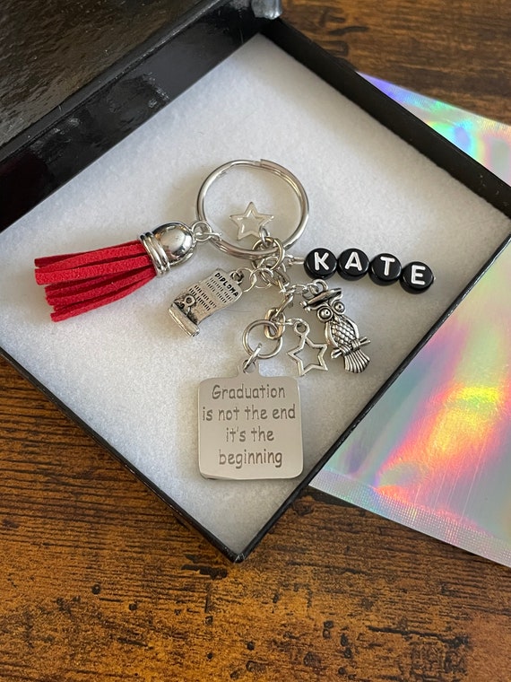PERSONALISED Name Beads Graduation Is Not The End It’s The Beginning Keepsake Key Bag Charm Gift Box Bag Well Done Owl Diploma Star Tassels
