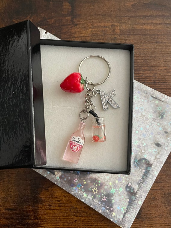 Personalised Initial Letter Charm Pink GIN Lover Key Ring Bag Drink Set Strawberry Jam Jar Fun Novelty Keepsake Gift Box Or Shimmer Bag