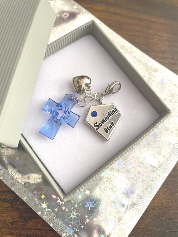 BRIDE TO BE Something Blue Bride To Be Wedding Diamond Shape & Cross Charm Keepsake Hen Party Gift Box For Garter Bouquet Traditional Poem