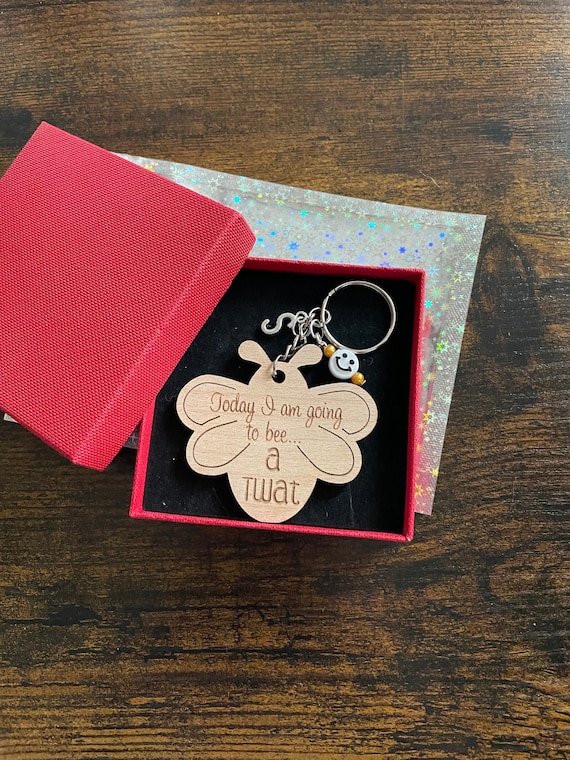 PERSONALISED Initial Letter Charm And A Large Bee Keyring Smiley Face Today I am Going To Be A Twat Gift Box Bag Fun Novelty Keepsake Quirky