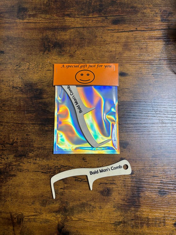 Bald Man’s Comb Card Gift Shimmer Bag Fun Novelty Quirky Gift Also Brush Set Birthday Secret Santa Funny Wood Ply Made Words No Hair Left
