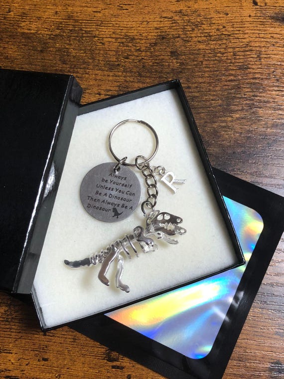 Personalised Initial Letter 3D Effect T REX DINOSAUR Key Bag Charm Set Keepsake Fun Film Inspired Gift Box Bag Always Be Your Self Quote