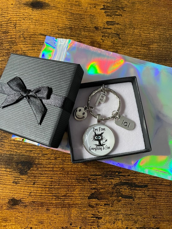 PERSONALISED Initial Alphabet Letter Key Charm Set Funny I’m Fine Everything Is Fine Cat Lol Smiley Face Charms Quirky Box Bag Keepsake Fab