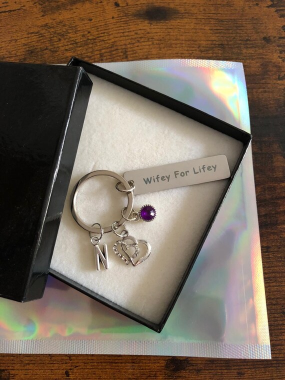 Personalised Initial Letter Charm Wifey For Lifey Double Heart Rhinestone Key Ring Gift Best Friend Fun Novelty Keepsake Any Occasion