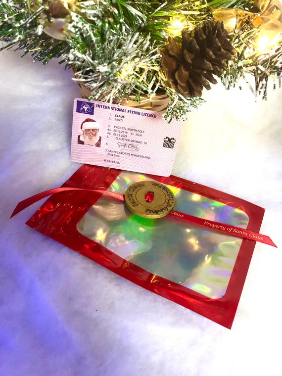 SANTA CLAUS Lost Sleigh License And Gold Glitter Button With Ribbon North Pole Fab For Christmas Day Magical Believe Gift Bag Reindeer