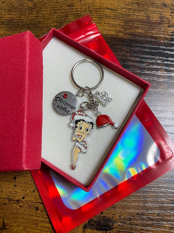 PERSONALISED Initial CHRISTMAS Betty Boop Retro Key Charm Bag Set Santa Hat Christmas Wishes Charm Keepsake Gift Box Bag Letters Quirky