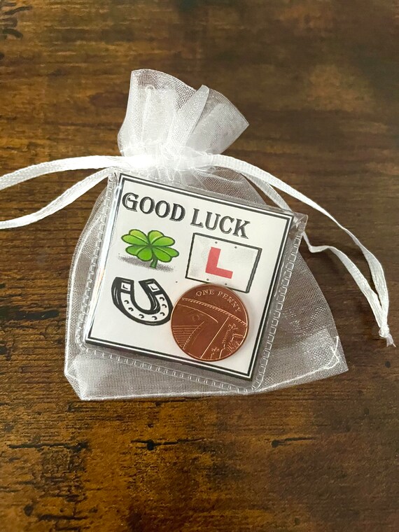 LUCKY PENNY Good Luck Keepsake Quirky Fun Clover Horseshoe L Plate New Job Driving Test Wedding Etc Pocket Wallet Purse Gift Organza Bag Fun
