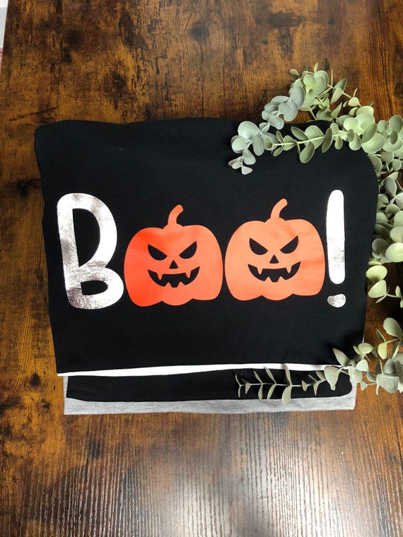 HALLOWEEN BOO! T-Shirt Vinyl Printed Pumpkins Men Woman Keepsake October 31st Scary Party Costume Black Orange Silver Celebration Novelty