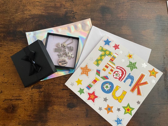 THANK YOU Gift for nursery teacher key ring charm set FREE Card gift boxed choice of charm blackboard jigsaw pencil abacus keepsake