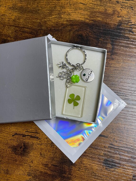 A real shamrock four leaf clover keepsake good luck key ring bag charm set good luck st. Patrick’s day driving test birthday wedding box