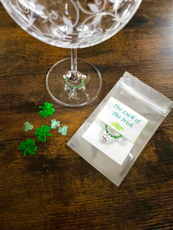 Wine Glass Drink Bottle Charm Pendant Lucky Clover Shamrock Beaded Gift Carded Luck Of Irish St Patricks Day Quirky Fun Novelty Ireland