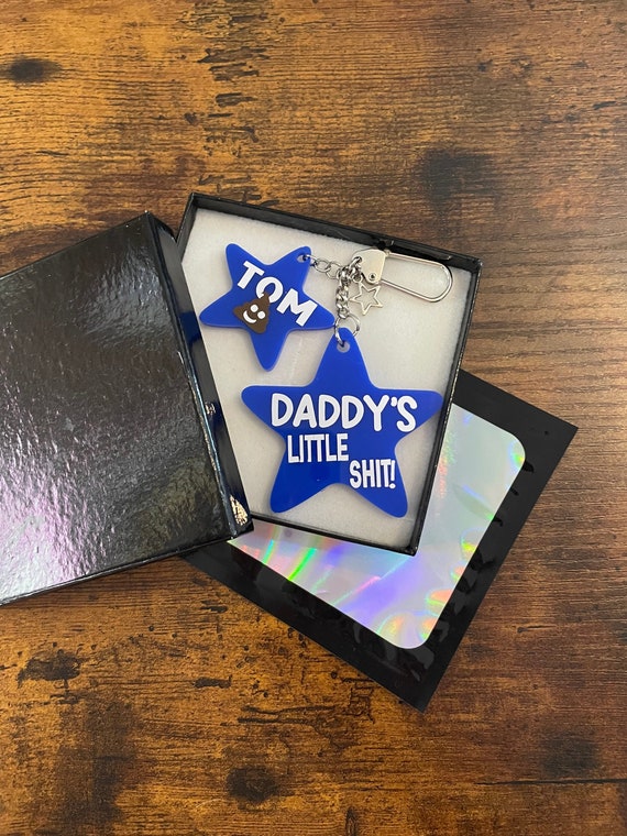 DAD DADDY’S Little Shit etc PERSONALISED Stars Key ring charm keepsake gift child children’s names blue white colour Keepsakes