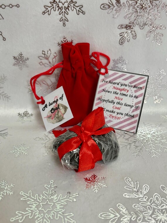 Christmas Stocking Filler A Lump Of Coal Naughty Or Nice, Real Coal Bah Humbug Gift Fun Quirky Secret Santa Velvet Santa Sack Black Red Poem