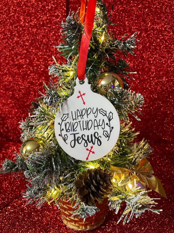 Happy Birthday JESUS Christmas Tree Bauble Decoration Keepsake Gift Religion Religious Crosses Ribbon Shimmer Bag Secret Santa Family Quirky
