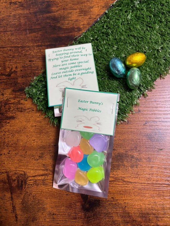 EASTER Bunny Rabbit Glow In Dark Magical Pebbles Fun Quirky Novelty Ten Mixed Colours Shimmer Gift Bag Card Poem Yearly Eggs Party Favours